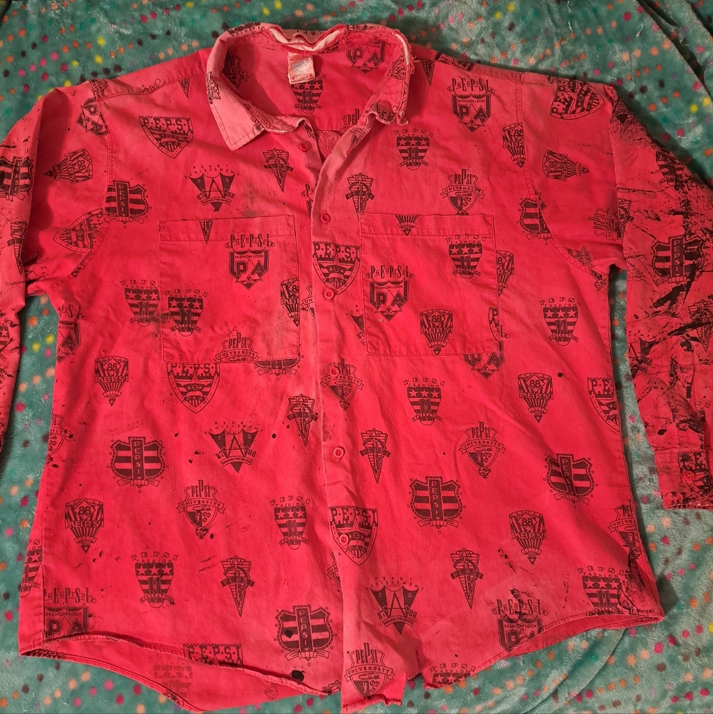 Pepsi Red Casual Button Down Shirt with Leaf Motifs
